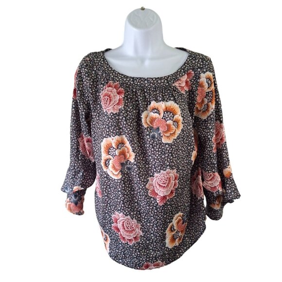 LOFT Outlet Floral Print Blouse 3/4 Sleeves Womens Small Petite Black Orange - Picture 1 of 6